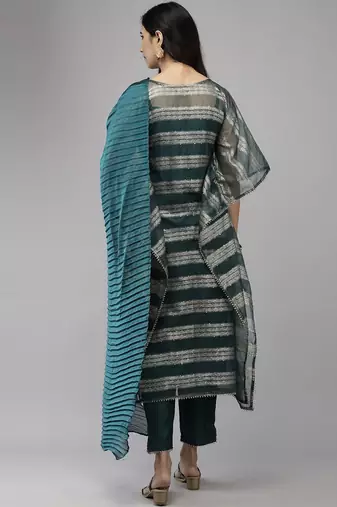 Teal Green Striped Woven Design Boat Neck Straight Kurta With Trousers & Dupatta