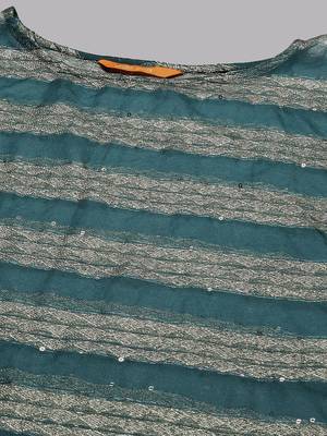 Teal Green Striped Woven Design Boat Neck Straight Kurta With Trousers & Dupatta 6