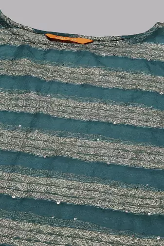 Teal Green Striped Woven Design Boat Neck Straight Kurta With Trousers & Dupatta