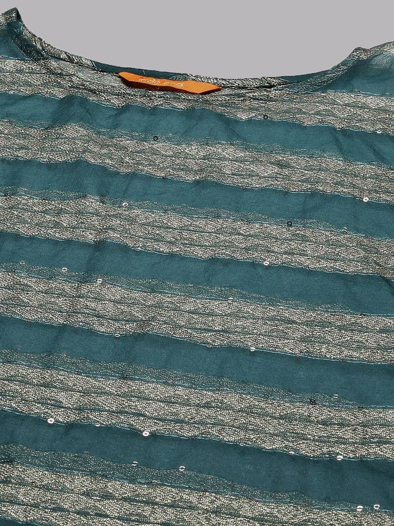 Teal Green Striped Woven Design Boat Neck Straight Kurta With Trousers & Dupatta