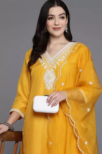 Women Yoke Design Regular Mirror Work Kurta with Trousers & Dupatta
