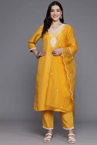 Women Yoke Design Regular Mirror Work Kurta with Trousers & Dupatta