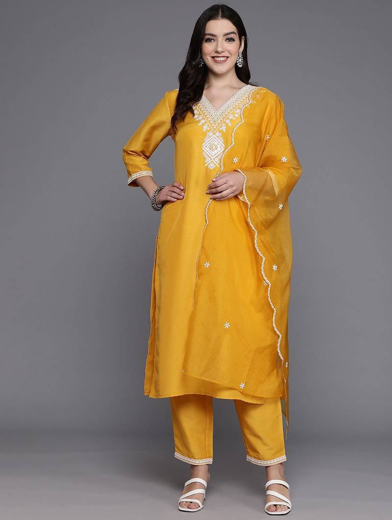 Women Yoke Design Regular Mirror Work Kurta with Trousers & Dupatta