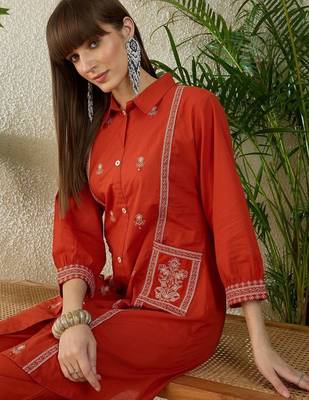 Ethnic Motifs Embroidered Thread Work Pure Cotton Kurta With Trouser 2