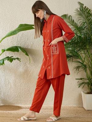 Ethnic Motifs Embroidered Thread Work Pure Cotton Kurta With Trouser 6