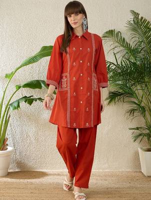 Ethnic Motifs Embroidered Thread Work Pure Cotton Kurta With Trouser 1