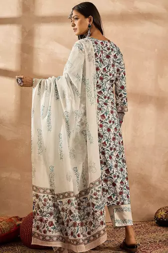 Women Floral Printed Regular Pure Cotton Kurta with Trousers & With Dupatta