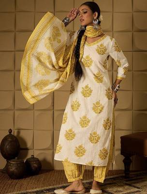 floral printed v-neck  cotton straight kurta with salwar & dupatta 1