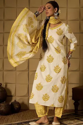 Floral Printed V-Neck Pure Cotton Straight Kurta With Salwar & Dupatta