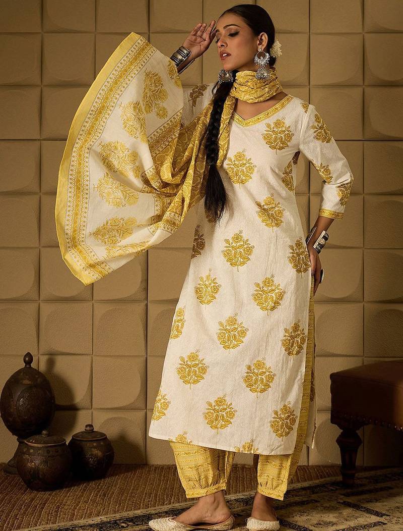 Floral Printed V-Neck Pure Cotton Straight Kurta With Salwar & Dupatta
