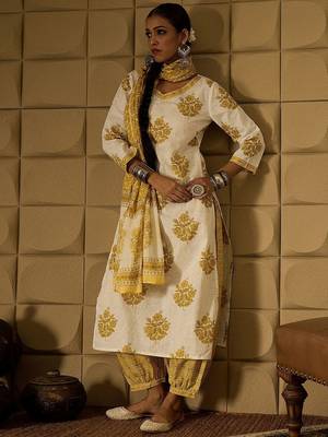 floral printed v-neck  cotton straight kurta with salwar & dupatta 4