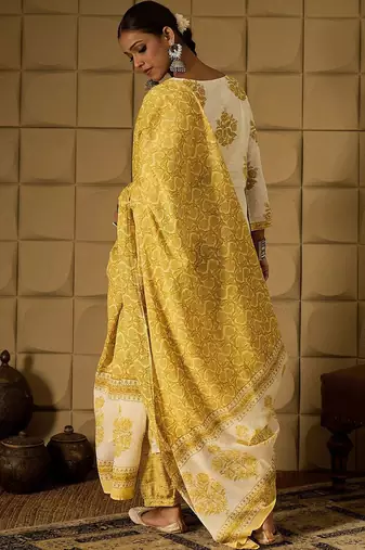Floral Printed V-Neck Pure Cotton Straight Kurta With Salwar & Dupatta