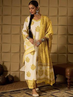 floral printed v-neck  cotton straight kurta with salwar & dupatta 6