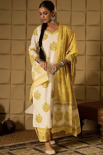 Floral Printed V-Neck Pure Cotton Straight Kurta With Salwar & Dupatta