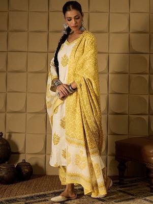floral printed v-neck  cotton straight kurta with salwar & dupatta 7