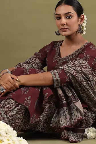 Floral Printed V-Neck Pure Cotton Straight Kurta with Salwar & Dupatta