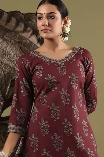 Floral Printed V-Neck Pure Cotton Straight Kurta with Salwar & Dupatta