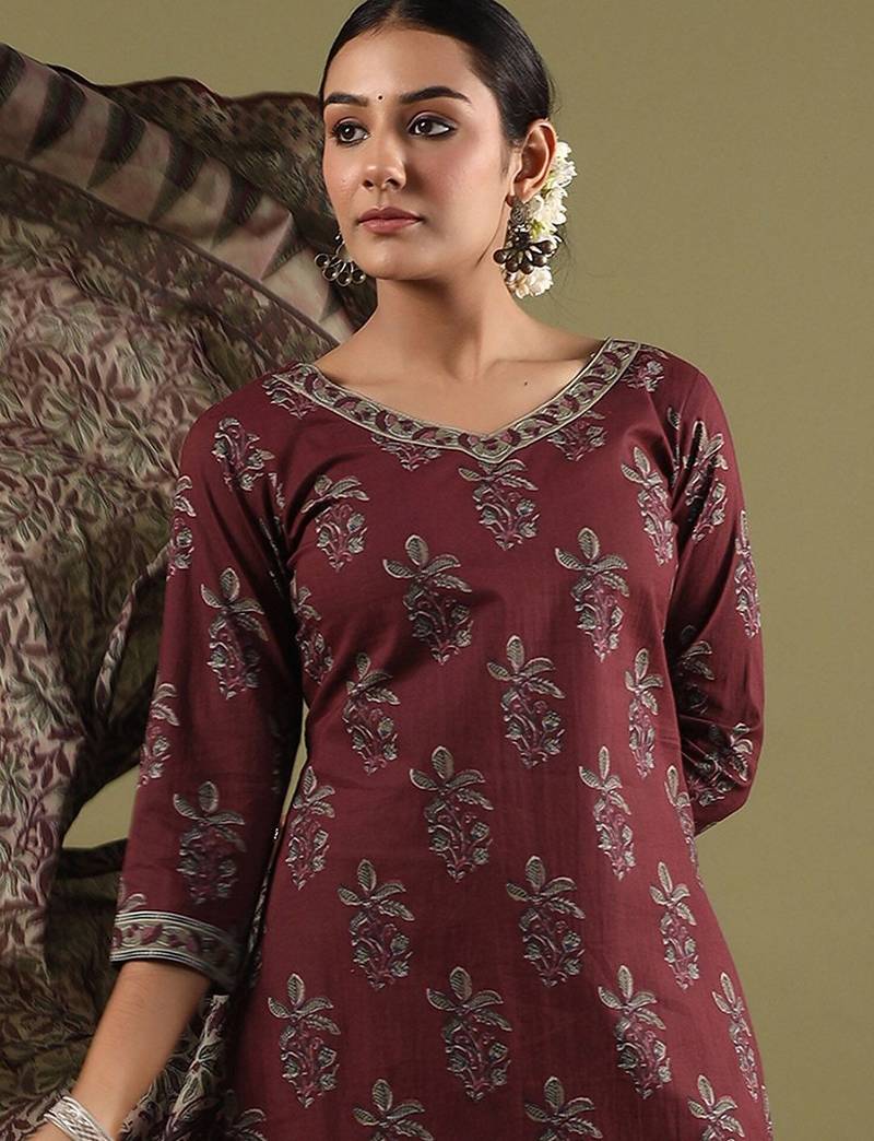 Floral Printed V-Neck Pure Cotton Straight Kurta with Salwar & Dupatta