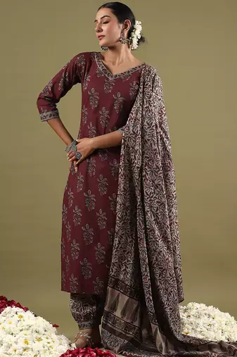 Floral Printed V-Neck Pure Cotton Straight Kurta with Salwar & Dupatta