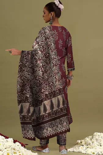 Floral Printed V-Neck Pure Cotton Straight Kurta with Salwar & Dupatta