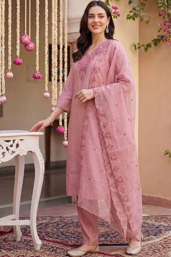 Women Ethnic Motifs Embroidered Regular Thread Work Kurta with Trousers & With Dupatta