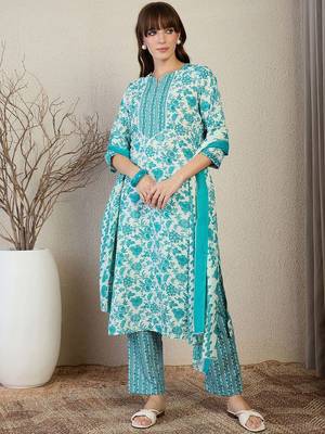 Floral Printed Straight Kurta With Trousers & Dupatta 1