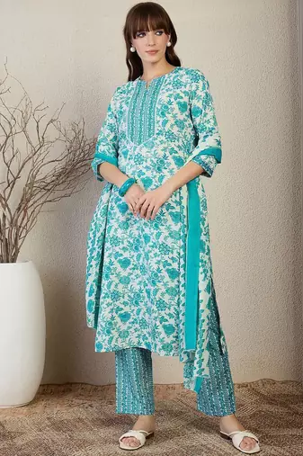 Floral Printed Straight Kurta With Trousers & Dupatta