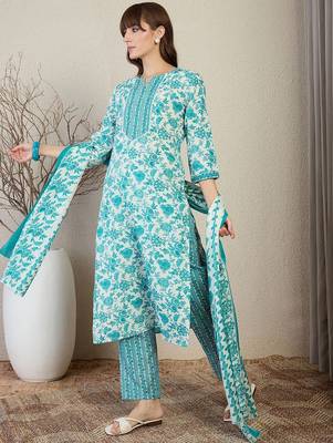 Floral Printed Straight Kurta With Trousers & Dupatta 4