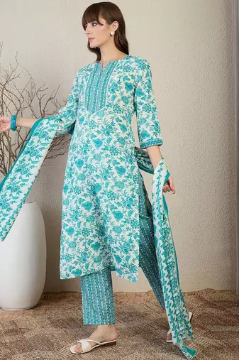 Floral Printed Straight Kurta With Trousers & Dupatta