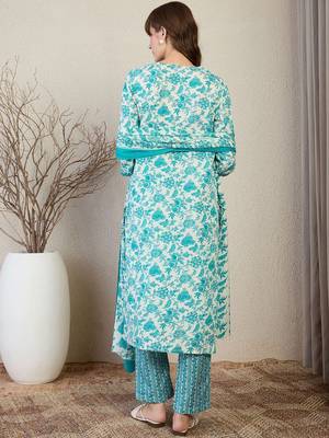 Floral Printed Straight Kurta With Trousers & Dupatta 5