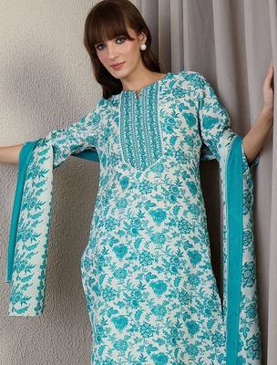 Floral Printed Straight Kurta With Trousers & Dupatta 7