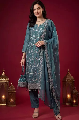 Women Floral Embroidered Regular Thread Work Kurta with Trousers & With Dupatta