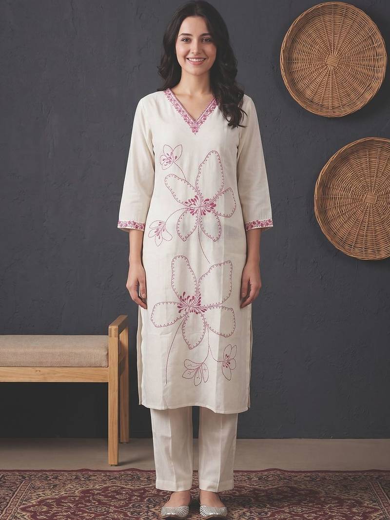 Women Floral Embroidered Regular Thread Work Kurta with Trousers