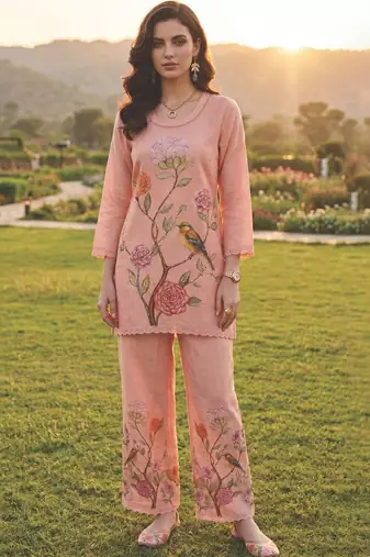 Women Floral Printed Regular Sequinned Linen Kurta with Palazzos