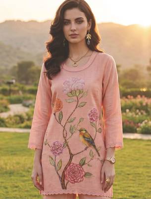 Women Floral Printed Regular Sequinned Linen Kurta with Palazzos 2