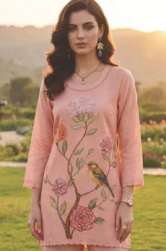 Women Floral Printed Regular Sequinned Linen Kurta with Palazzos