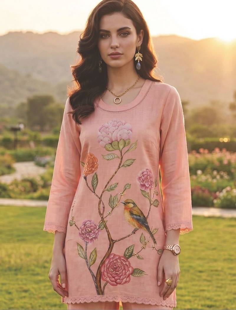 Women Floral Printed Regular Sequinned Linen Kurta with Palazzos