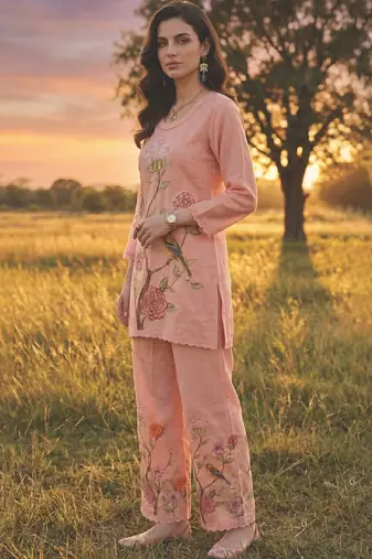 Women Floral Printed Regular Sequinned Linen Kurta with Palazzos