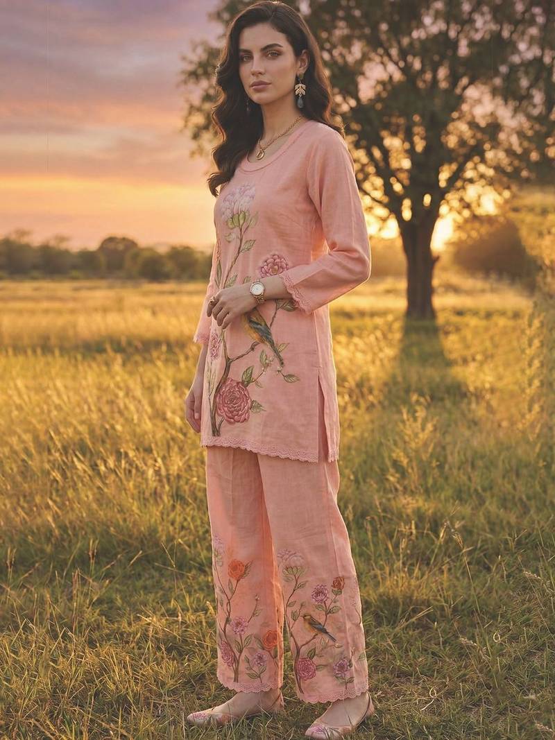 Women Floral Printed Regular Sequinned Linen Kurta with Palazzos
