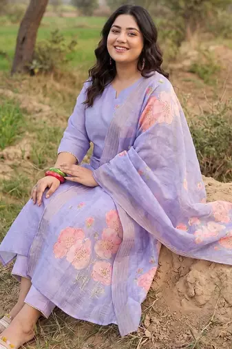 Plus Size Purple Printed Straight Kurta Trousers With Dupatta Set