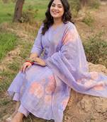 Plus Size Purple Printed Straight Kurta Trousers With Dupatta Set