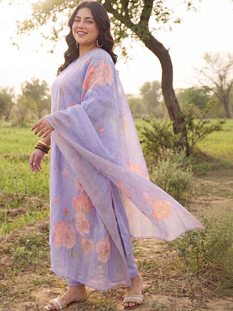 Plus Size Purple Printed Straight Kurta Trousers With Dupatta Set