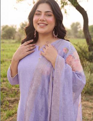 Plus Size Purple Printed Straight Kurta Trousers With Dupatta Set 3