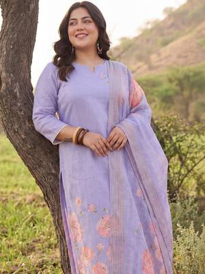 Plus Size Purple Printed Straight Kurta Trousers With Dupatta Set 4