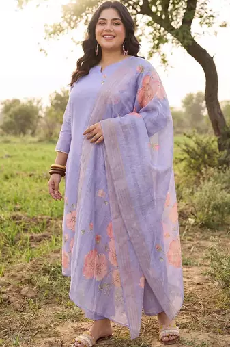 Plus Size Purple Printed Straight Kurta Trousers With Dupatta Set