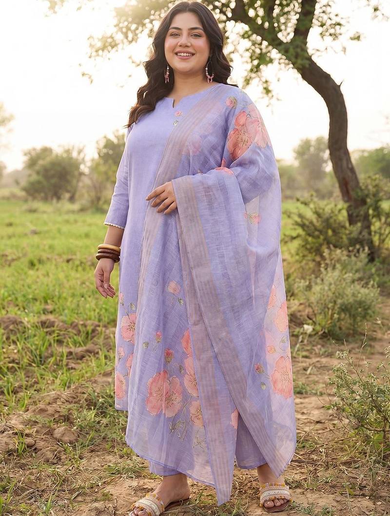 Plus Size Purple Printed Straight Kurta Trousers With Dupatta Set