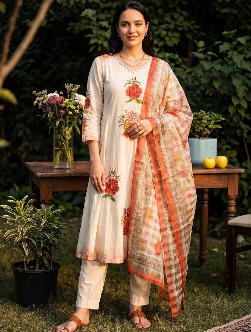 Women Floral Printed Regular Thread Work Pure Cotton Kurta with Trousers & With Dupatta