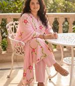 Plus Size Pink Printed Straight Kurta Trousers With Dupatta Set