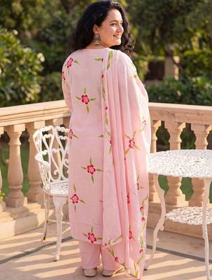Plus Size Pink Printed Straight Kurta Trousers With Dupatta Set 5