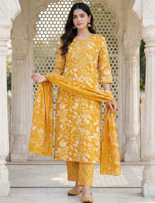 Women Floral Printed Regular Mirror Work Kurta with Trousers & With Dupatta 1